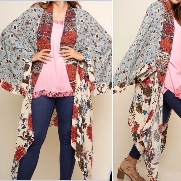 Umgee Tops - Boho Kimono Patchwork Cardigan XL/1X Tribal Floral